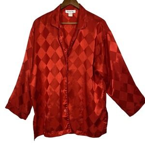 VTG Christian Dior Sleep Top Womens XL Button Up Shirt Red Satin Luxury Preppy